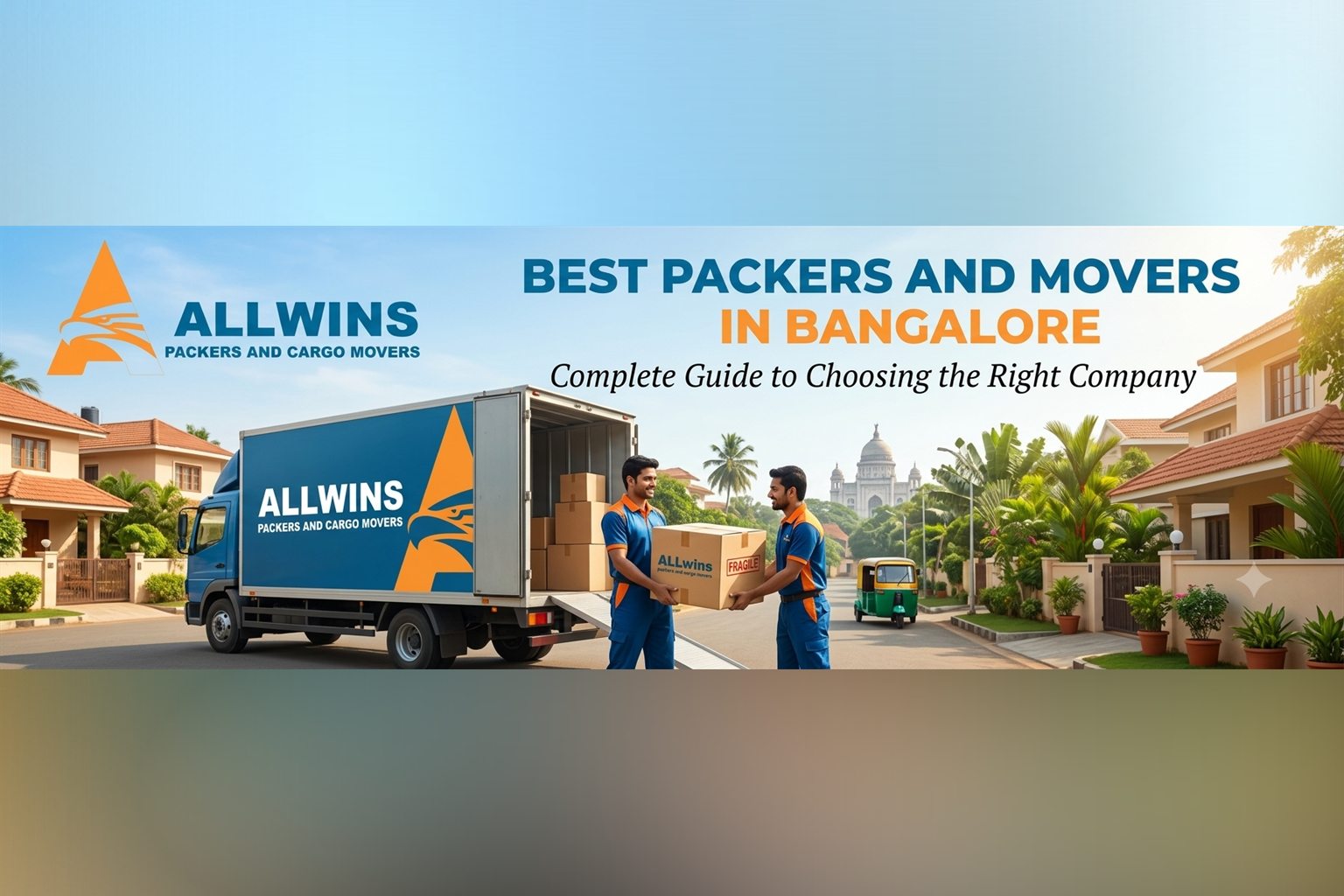 Allwins Packers and Cargo Movers crew loading a carton into a moving truck on a Bangalore street