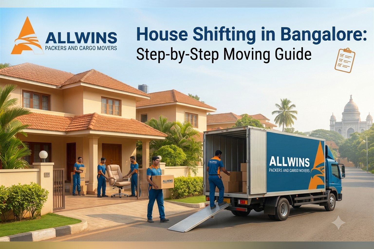 Allwins movers carrying furniture and cartons from a Bangalore home into a moving truck