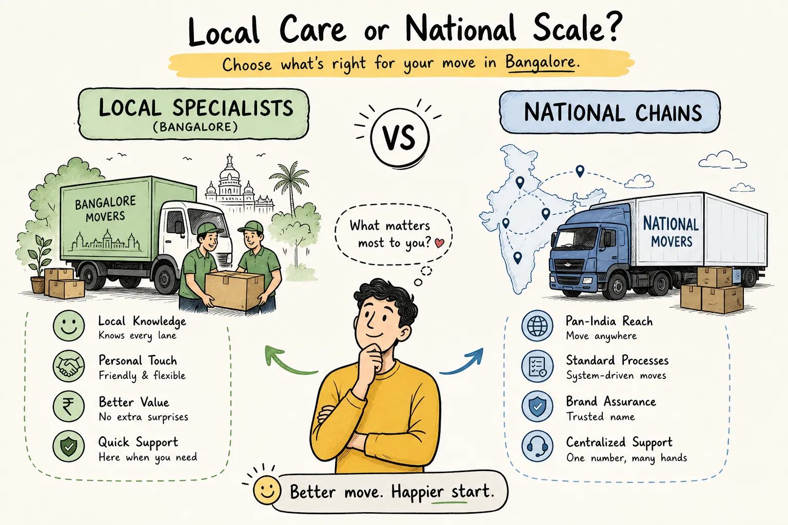 Illustration comparing local Bangalore packers and movers with national moving chains