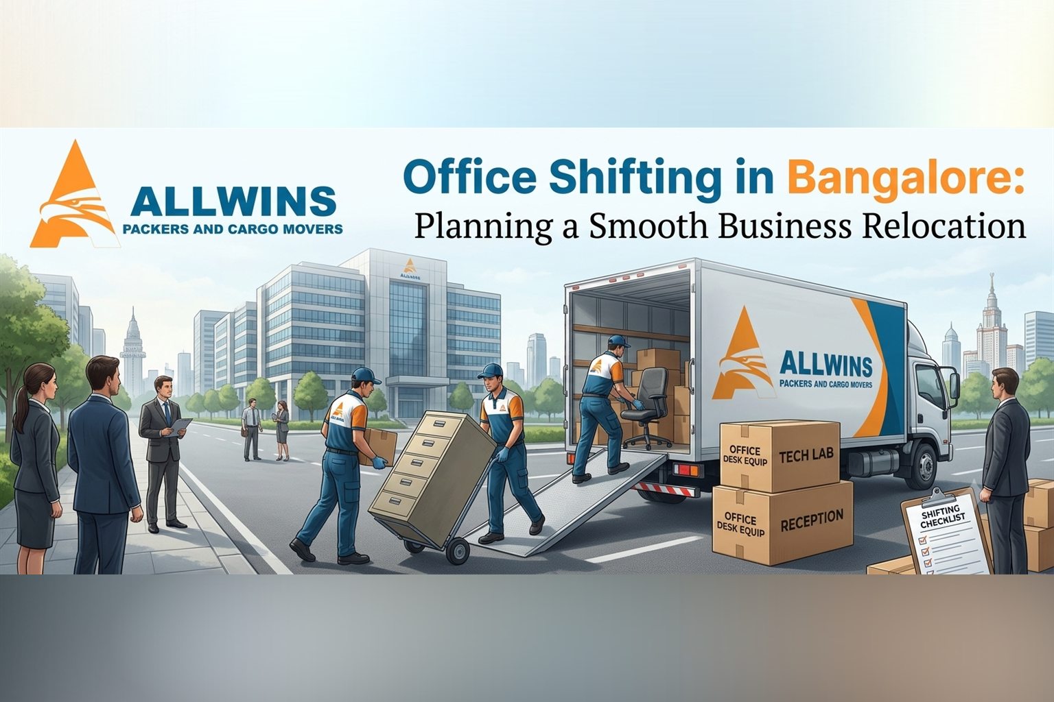 Allwins crew moving office filing cabinets, chairs and labelled cartons into a truck outside a Bangalore office building