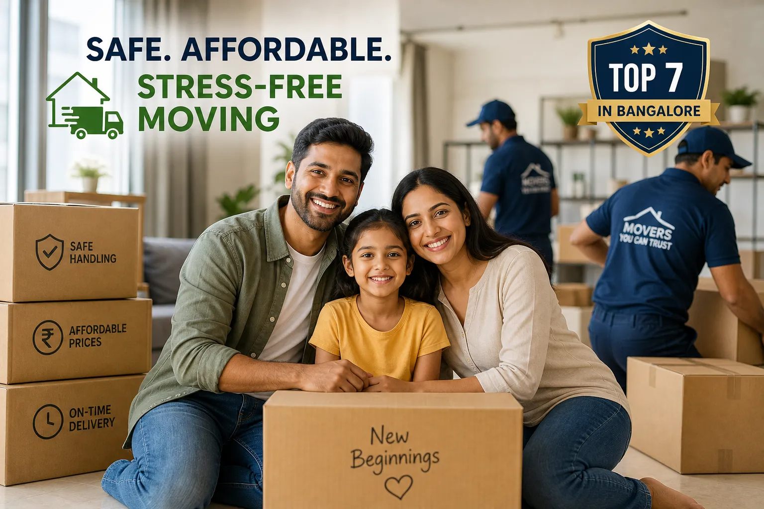 Family smiling among packed moving boxes while movers load their belongings in Bangalore